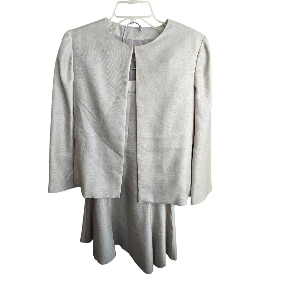 Womens Vintage Skirt Suit Set Raw Silk Green Gray Open Front Handmade HS169